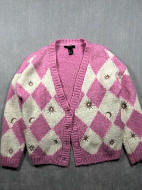 Forever 21 Pink and Cream Argyle Embroidered Button-Up Cardigan